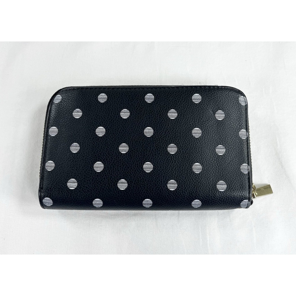 ⁠Merona Black White Polka Dot Zip Around Wallet Clutch Faux‎ Leather Card Slots⁠